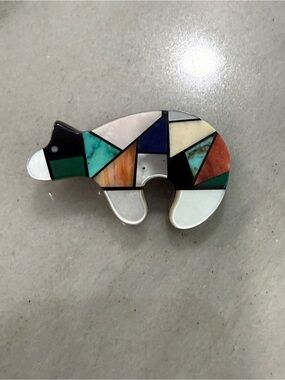 Native Begay Colorful Inlay Bear Pendant brooch- Geometric Multi-Color